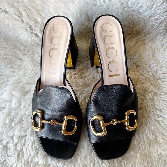Gucci Baby Horsebit Slide Sandals Mules Black and Gold Block Heel Size EU 39 - Picture 4 of 14